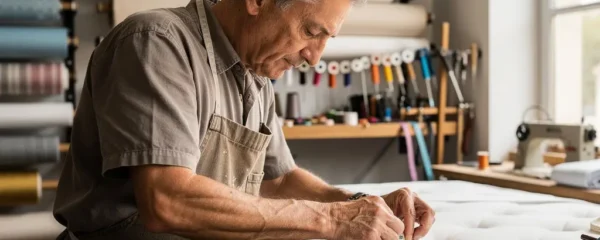 Artisan literie française travaillant sur capitonnage matelas haut de gamme dans atelier lumineux
