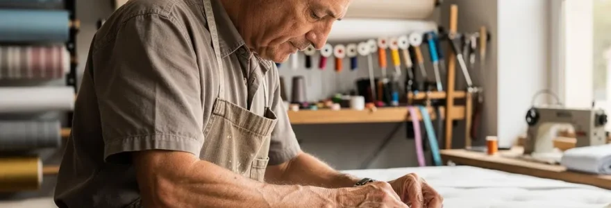 Artisan literie française travaillant sur capitonnage matelas haut de gamme dans atelier lumineux