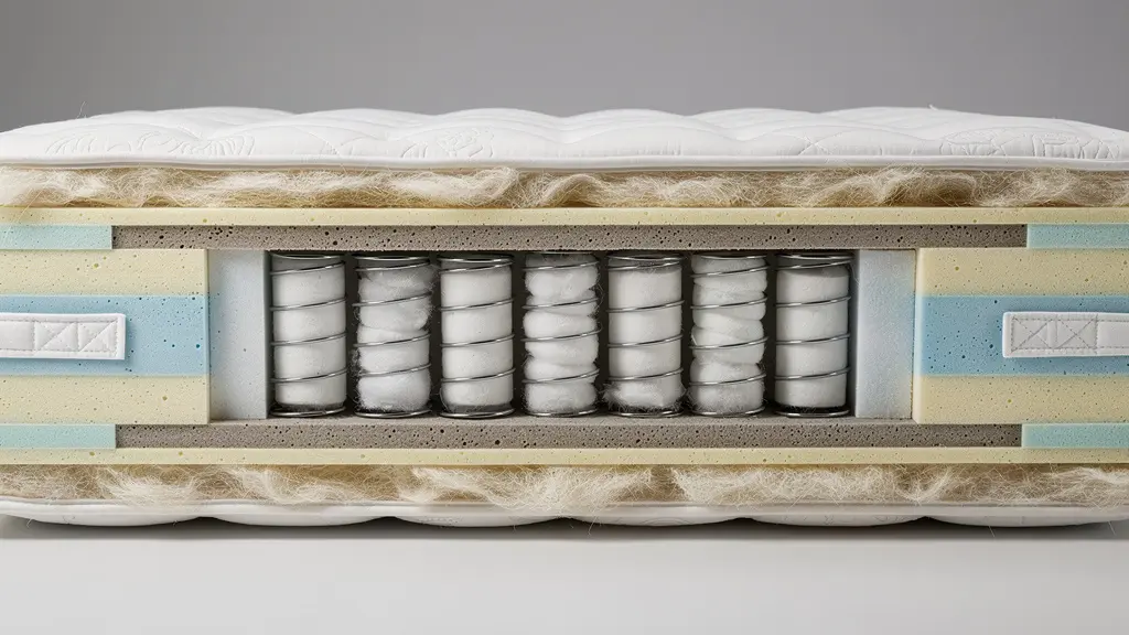 Coupe transversale matelas haut de gamme montrant ressorts ensachés et couches de mousse