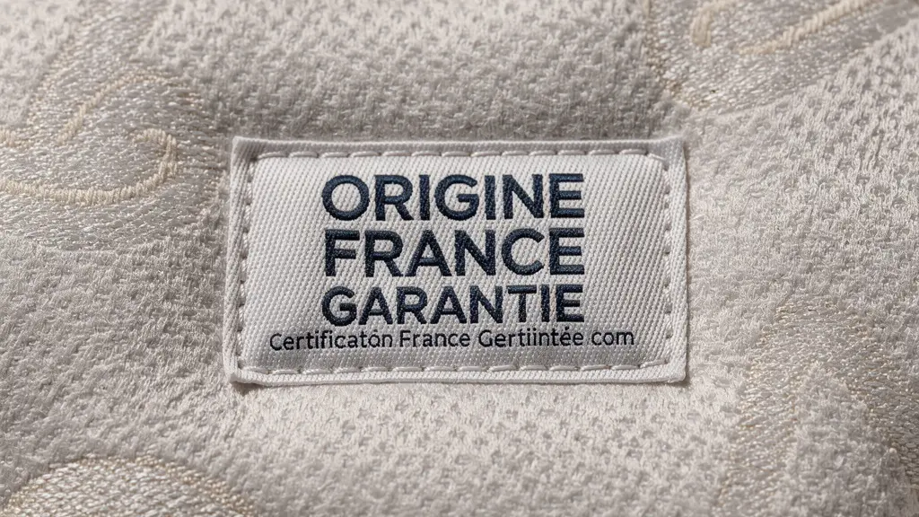 Détail du label Origine France Garantie cousu sur matelas haut de gamme français